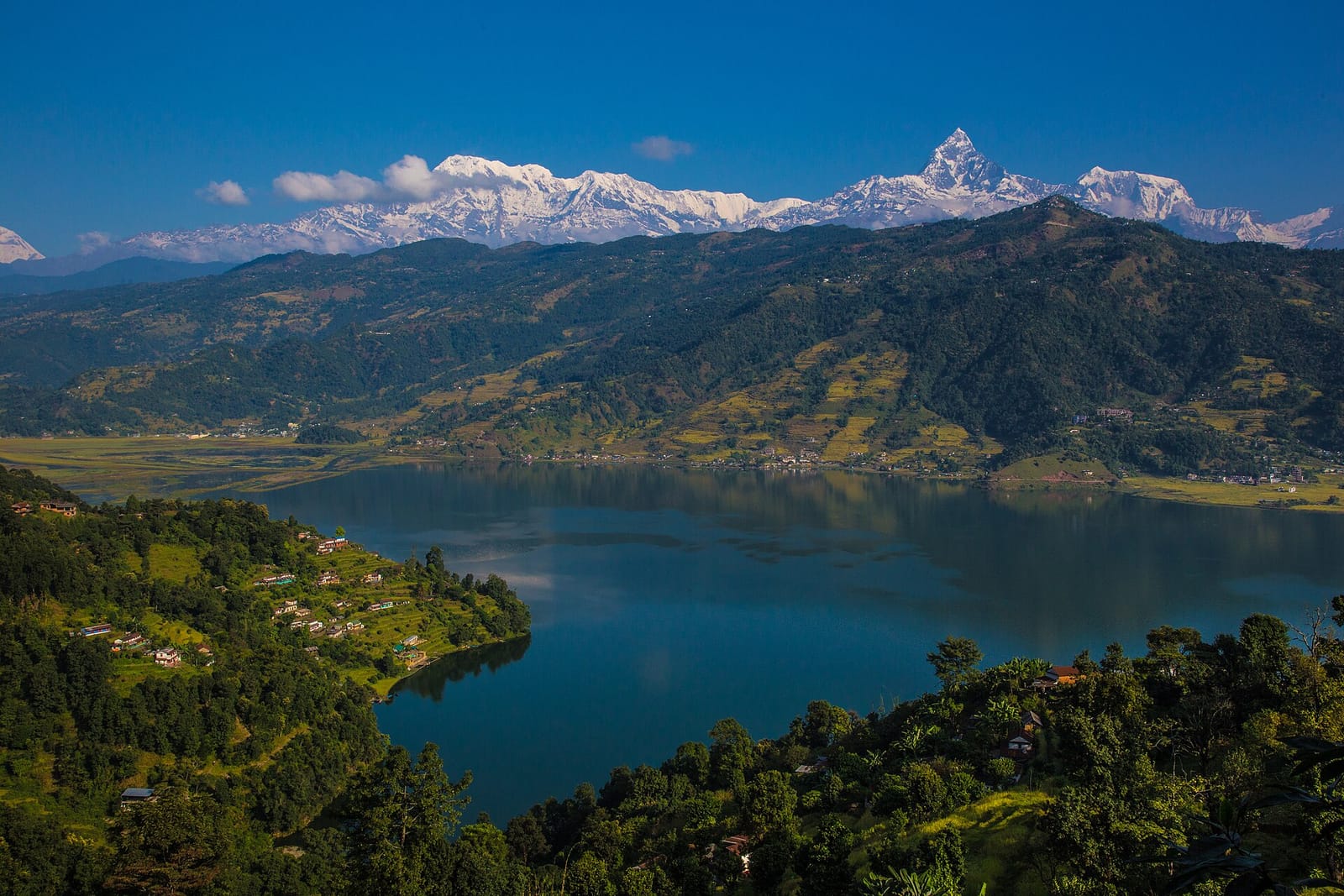 Lake and mountain reflections at Pokhara